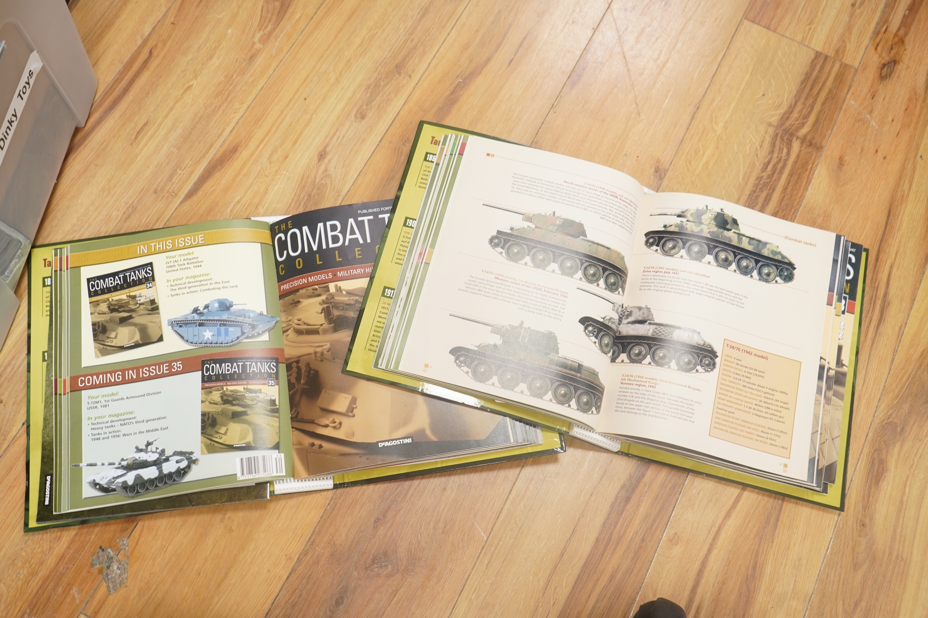 Forty-five DeAgostini magazine issue model tanks from ‘The Combat Tanks Collection’, including British, US, USSR, etc. examples, together with three folders of related magazines. Condition fair to good, all in original b